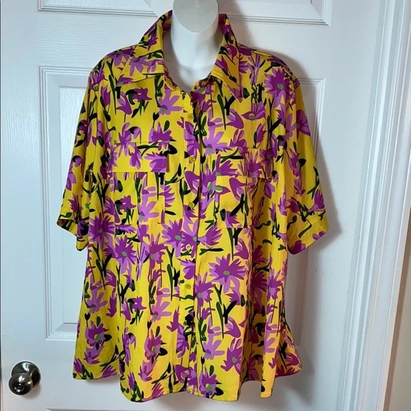 Rebdolls Yellow and Purple Floral Button Down Shirt Tropical Hawaiian Plus Sz 3X - Picture 9 of 11